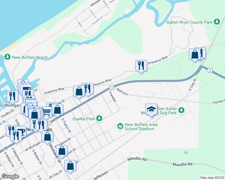 map of restaurants, bars, coffee shops, grocery stores, and more near 901 East Buffalo Street in New Buffalo