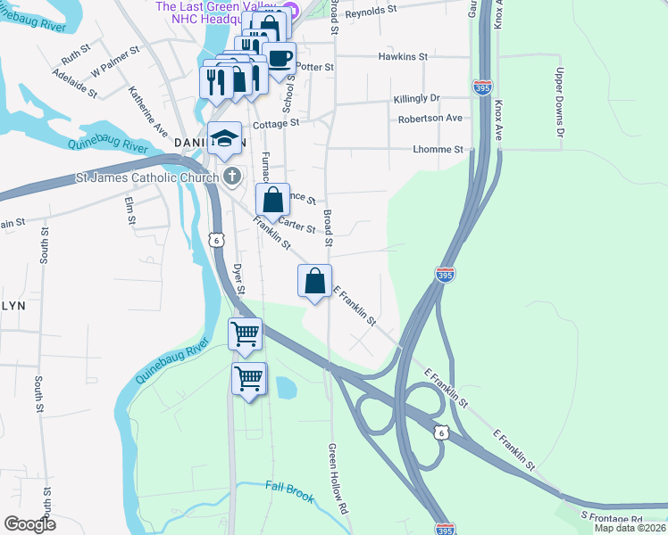 map of restaurants, bars, coffee shops, grocery stores, and more near 6 East Franklin Street in Killingly