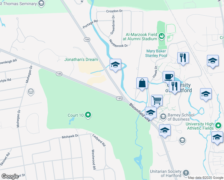map of restaurants, bars, coffee shops, grocery stores, and more near 22 Simsbury Road in West Hartford