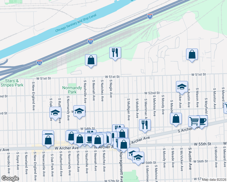map of restaurants, bars, coffee shops, grocery stores, and more near 5207 South Nagle Avenue in Chicago