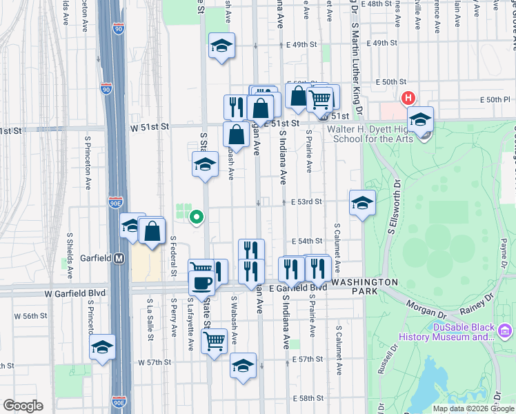 map of restaurants, bars, coffee shops, grocery stores, and more near S Michigan Ave & E 53rd St in Chicago