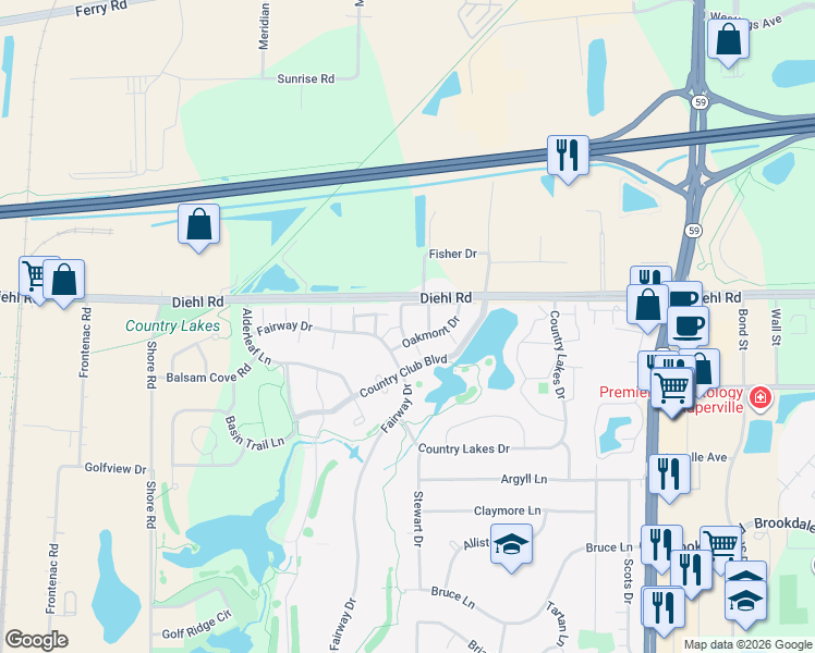 map of restaurants, bars, coffee shops, grocery stores, and more near 5S032 Firestone Court in Naperville