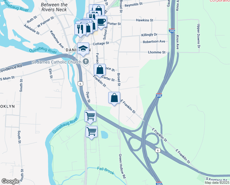 map of restaurants, bars, coffee shops, grocery stores, and more near 132 Franklin Street in Killingly