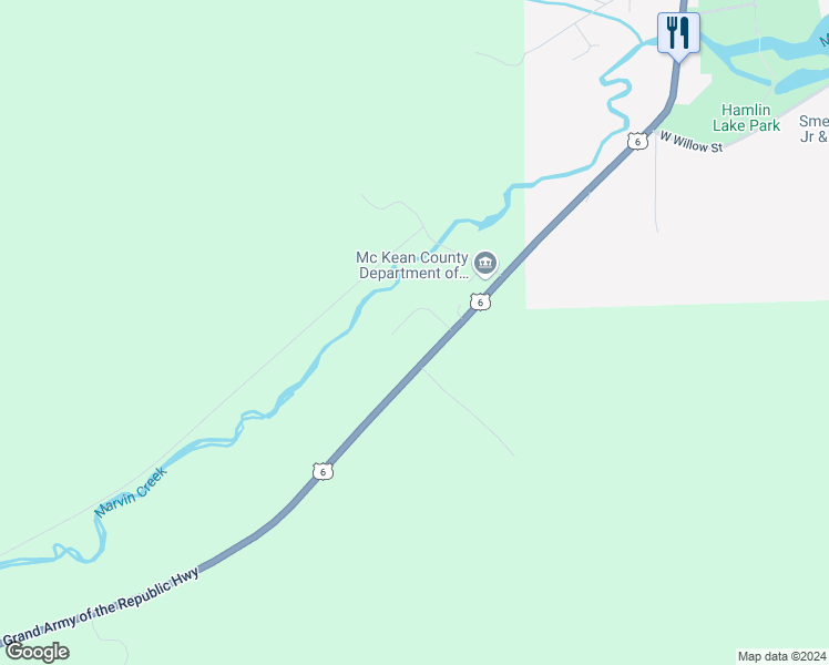 map of restaurants, bars, coffee shops, grocery stores, and more near 17083 U.S. 6 in Smethport
