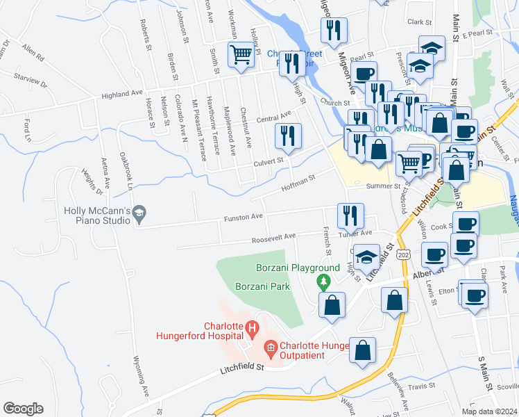 map of restaurants, bars, coffee shops, grocery stores, and more near 223 Funston Avenue in Torrington