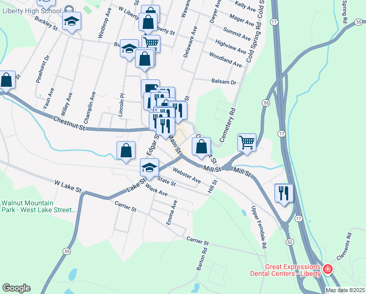 map of restaurants, bars, coffee shops, grocery stores, and more near 147 South Main Street in Liberty