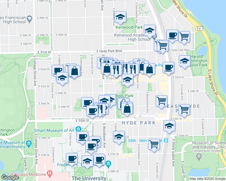 map of restaurants, bars, coffee shops, grocery stores, and more near 5420 South Kimbark Avenue in Chicago