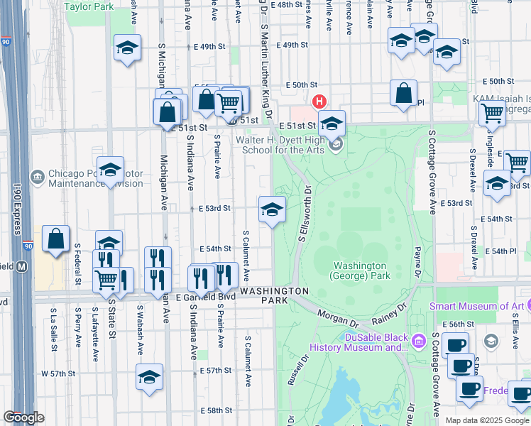 map of restaurants, bars, coffee shops, grocery stores, and more near 5328 South King Drive in Chicago