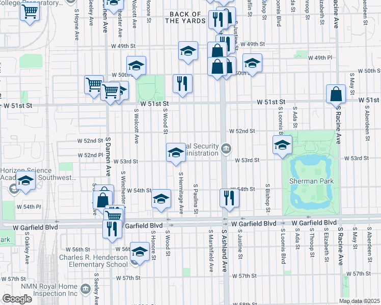 map of restaurants, bars, coffee shops, grocery stores, and more near 5302 South Paulina Street in Chicago