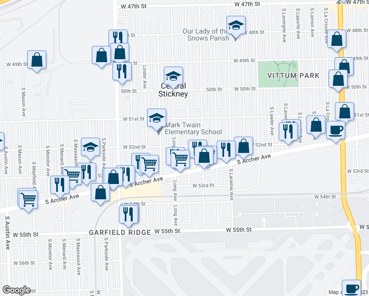 map of restaurants, bars, coffee shops, grocery stores, and more near 5225 South Lorel Avenue in Chicago