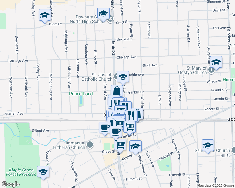 map of restaurants, bars, coffee shops, grocery stores, and more near 4920 Main Street in Downers Grove