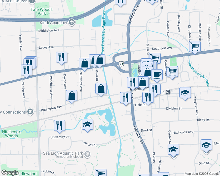 map of restaurants, bars, coffee shops, grocery stores, and more near in Lisle
