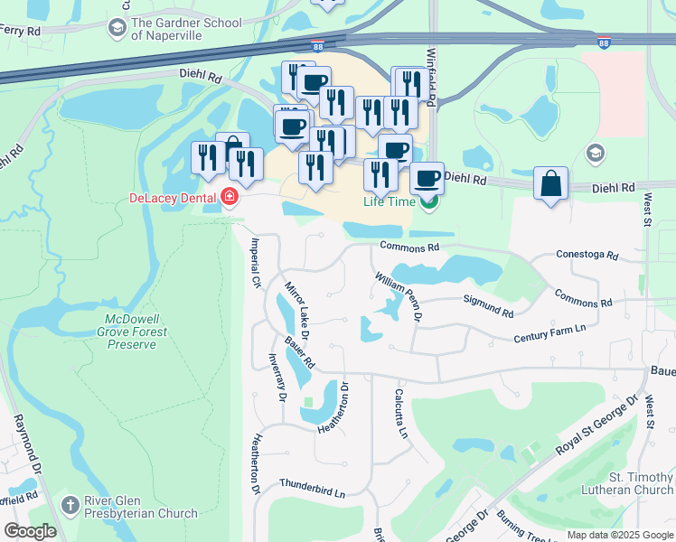 map of restaurants, bars, coffee shops, grocery stores, and more near 1620 Fox Bend Court in Naperville
