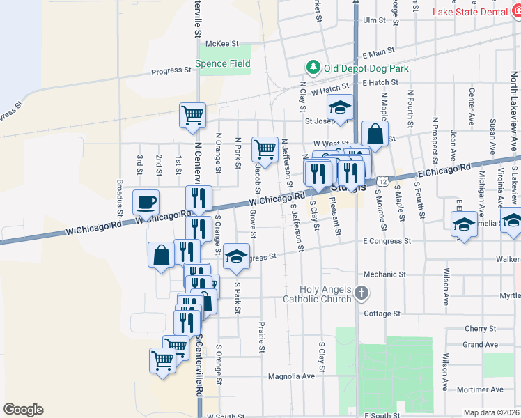map of restaurants, bars, coffee shops, grocery stores, and more near 108 Grove Street in Sturgis