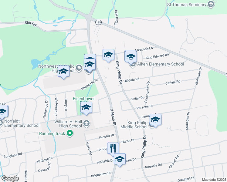 map of restaurants, bars, coffee shops, grocery stores, and more near 10 Old Meadow Road in West Hartford
