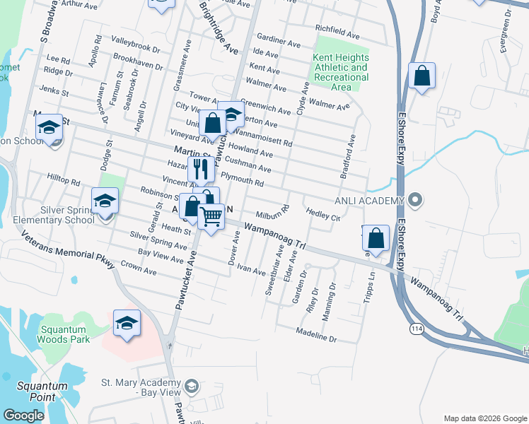 map of restaurants, bars, coffee shops, grocery stores, and more near 90 Wampanoag Trail in East Providence