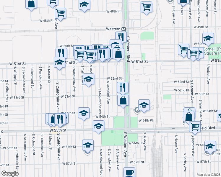map of restaurants, bars, coffee shops, grocery stores, and more near 5300 South Artesian Avenue in Chicago