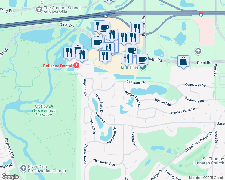 map of restaurants, bars, coffee shops, grocery stores, and more near 1620 Fox Bend Court in Naperville
