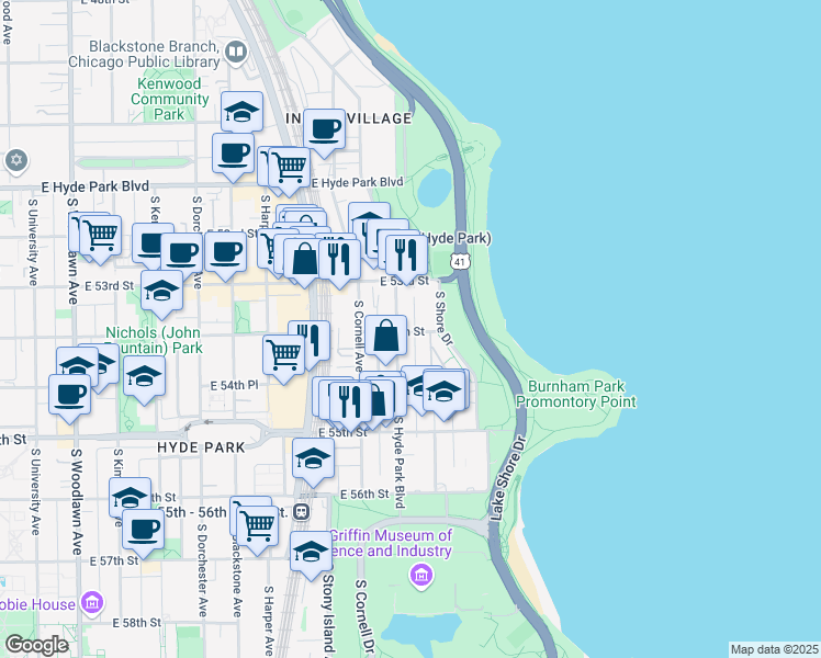 map of restaurants, bars, coffee shops, grocery stores, and more near 5419 South Hyde Park Boulevard in Chicago