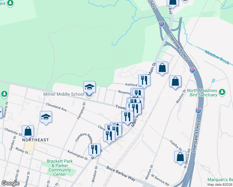map of restaurants, bars, coffee shops, grocery stores, and more near 16 Greenwich Street in Hartford