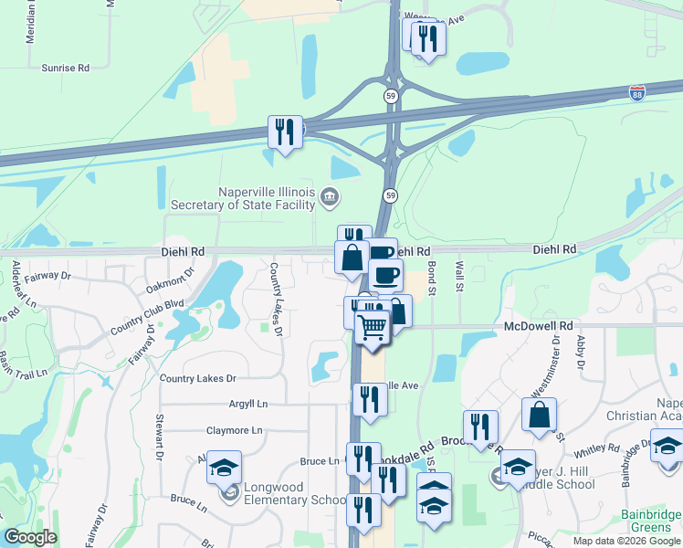 map of restaurants, bars, coffee shops, grocery stores, and more near 1810 Alta Vista Court in Naperville