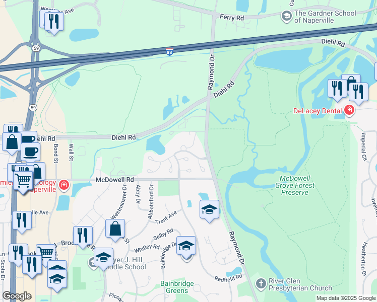 map of restaurants, bars, coffee shops, grocery stores, and more near 1347 Crystal Avenue in Naperville