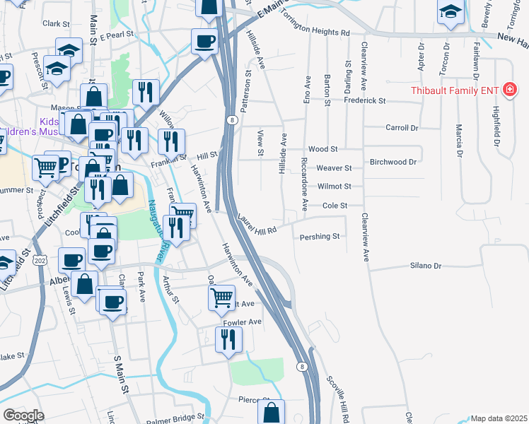 map of restaurants, bars, coffee shops, grocery stores, and more near 83 Birge Street in Torrington