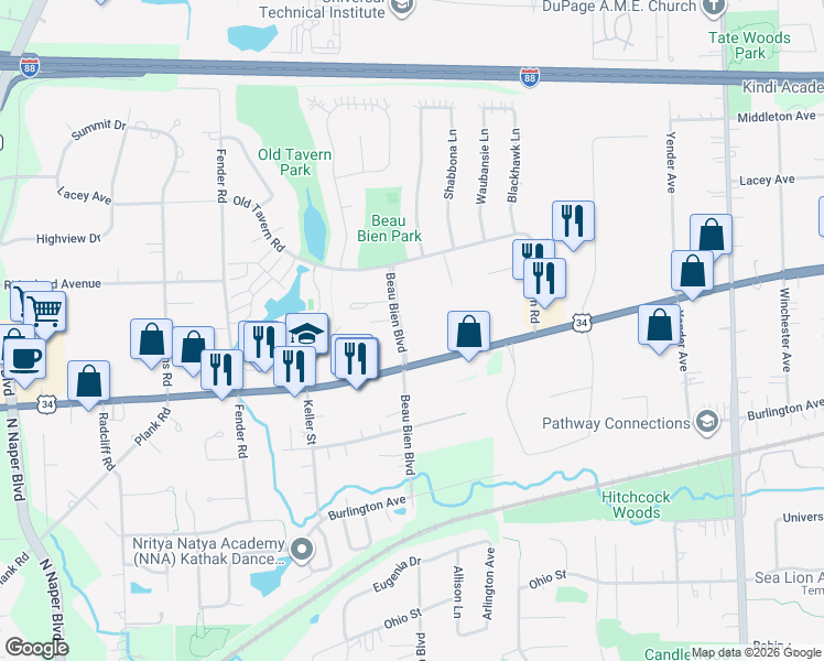 map of restaurants, bars, coffee shops, grocery stores, and more near 4715 Beau Bien Lane East in Lisle