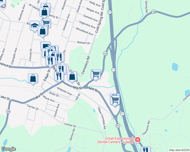 map of restaurants, bars, coffee shops, grocery stores, and more near 24 Orange Lane in Liberty