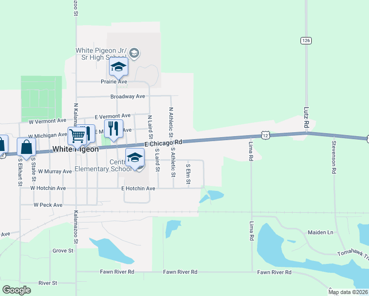 map of restaurants, bars, coffee shops, grocery stores, and more near 607 East Chicago Road in White Pigeon