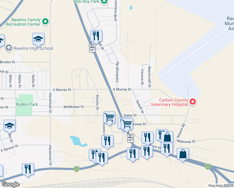 map of restaurants, bars, coffee shops, grocery stores, and more near 1915 East Murray Street in Rawlins