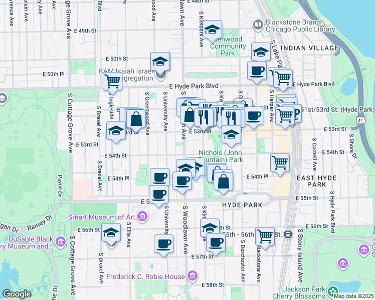 map of restaurants, bars, coffee shops, grocery stores, and more near 5339 South Woodlawn Avenue in Chicago