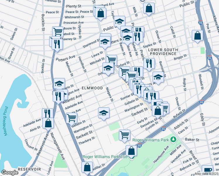 map of restaurants, bars, coffee shops, grocery stores, and more near 47 Atlantic Avenue in Providence