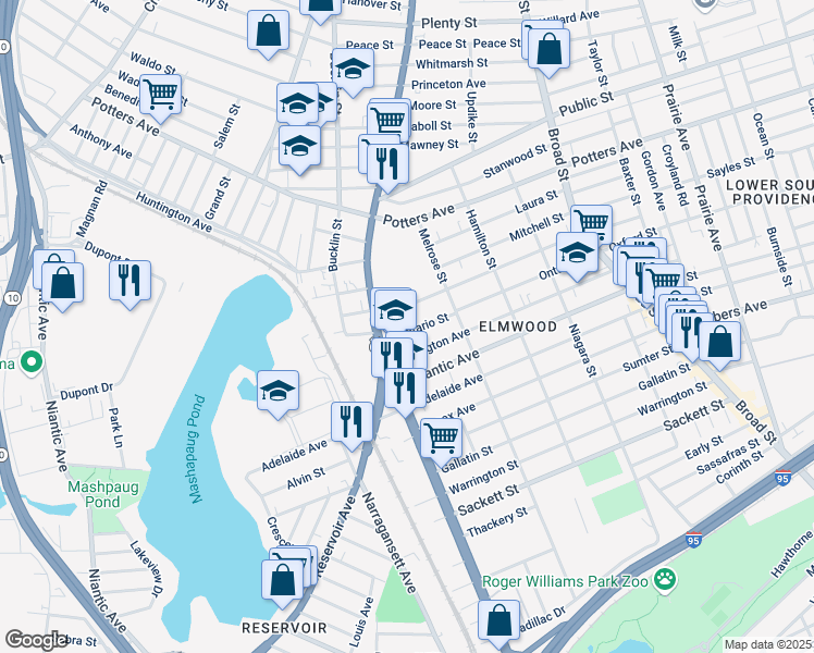 map of restaurants, bars, coffee shops, grocery stores, and more near 199 Congress Avenue in Providence