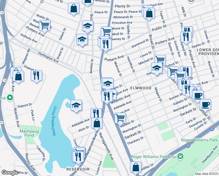 map of restaurants, bars, coffee shops, grocery stores, and more near 199 Congress Avenue in Providence