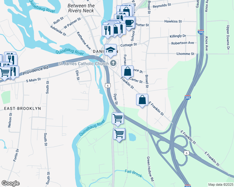 map of restaurants, bars, coffee shops, grocery stores, and more near 44 Dyer Street in Killingly