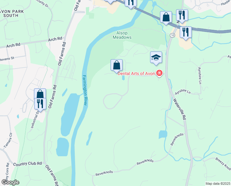 map of restaurants, bars, coffee shops, grocery stores, and more near 65 Avonwood Road in Avon