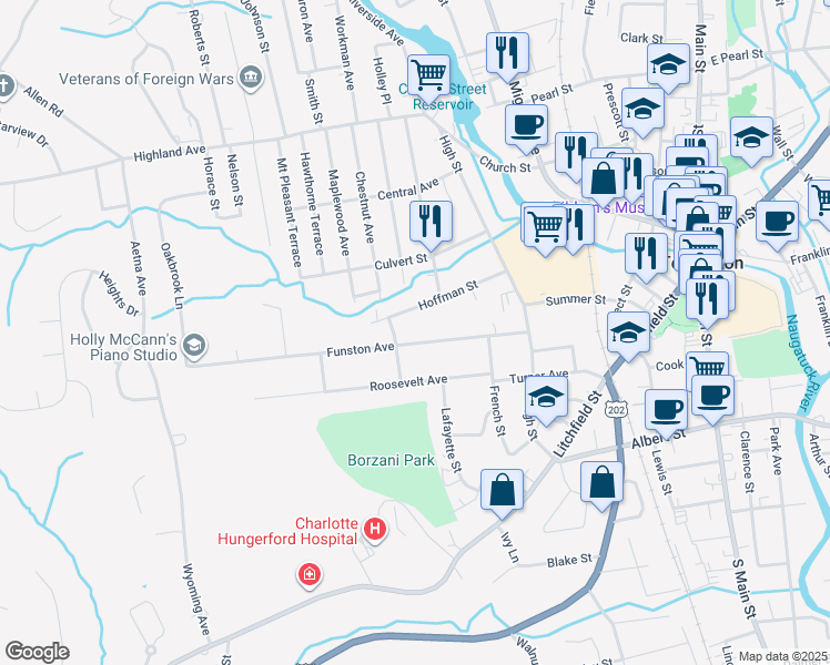 map of restaurants, bars, coffee shops, grocery stores, and more near 142 Hoffman Street in Torrington