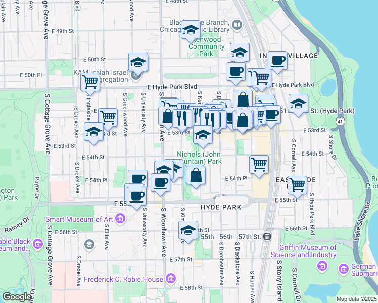 map of restaurants, bars, coffee shops, grocery stores, and more near 1346 East 53rd Street in Chicago