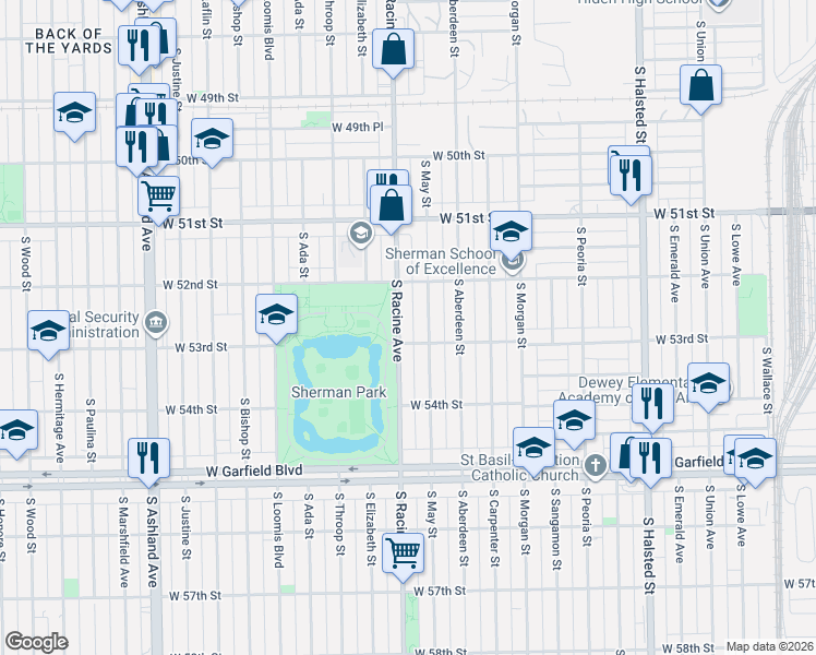 map of restaurants, bars, coffee shops, grocery stores, and more near 5220 South May Street in Chicago