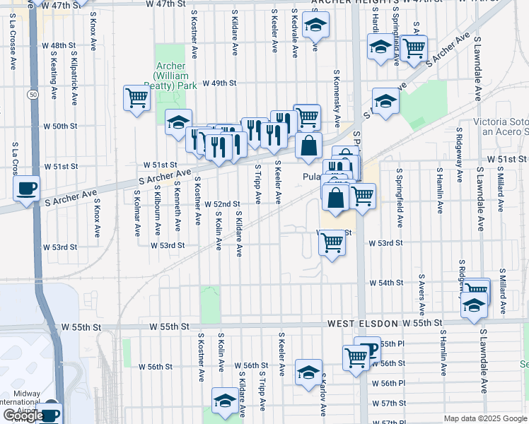 map of restaurants, bars, coffee shops, grocery stores, and more near 5153 South Tripp Avenue in Chicago