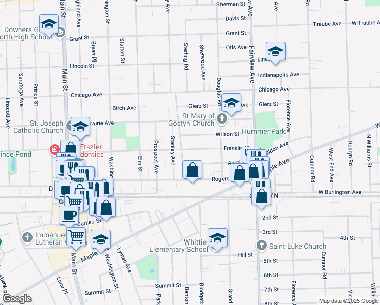 map of restaurants, bars, coffee shops, grocery stores, and more near 615 Franklin Street in Downers Grove