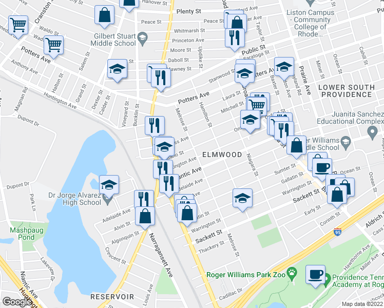 map of restaurants, bars, coffee shops, grocery stores, and more near 133 Ontario Street in Providence