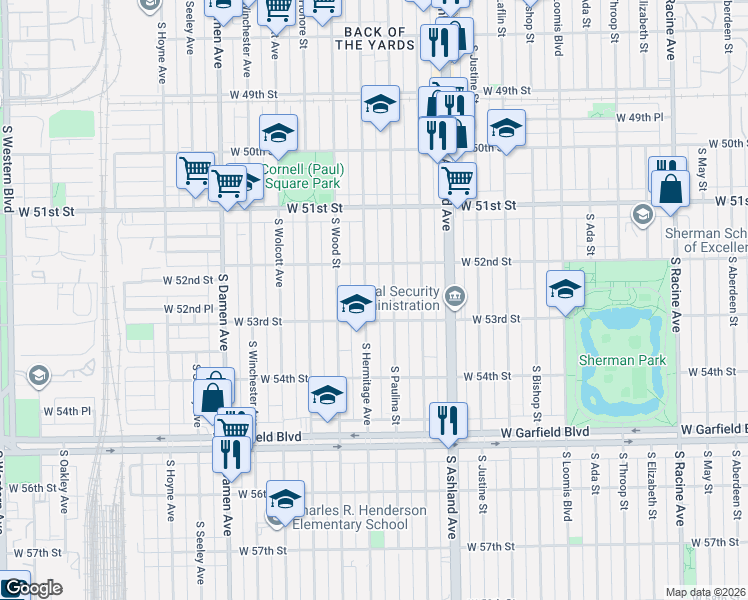 map of restaurants, bars, coffee shops, grocery stores, and more near 5212 South Paulina Street in Chicago