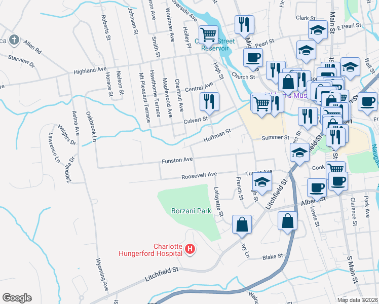map of restaurants, bars, coffee shops, grocery stores, and more near 184 Hoffman Street in Torrington