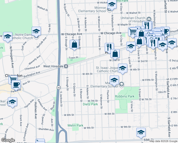 map of restaurants, bars, coffee shops, grocery stores, and more near 220 South Bodin Street in Hinsdale