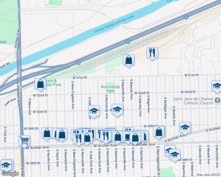 map of restaurants, bars, coffee shops, grocery stores, and more near 6660 West 52nd Street in Chicago