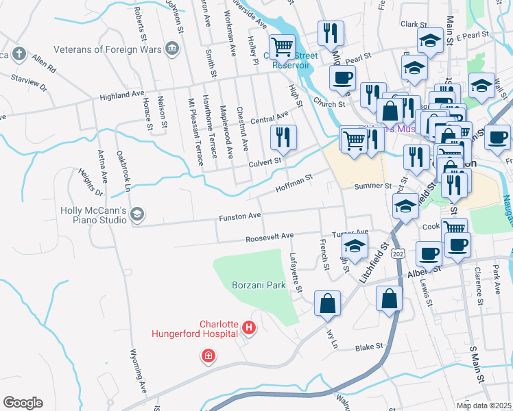 map of restaurants, bars, coffee shops, grocery stores, and more near 18 Iowa Street in Torrington
