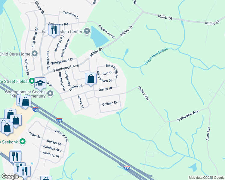 map of restaurants, bars, coffee shops, grocery stores, and more near 74 Del Jo Drive in Seekonk