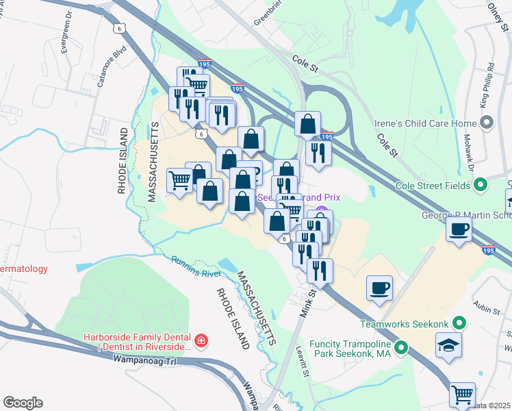 map of restaurants, bars, coffee shops, grocery stores, and more near 201 Highland Avenue in Seekonk